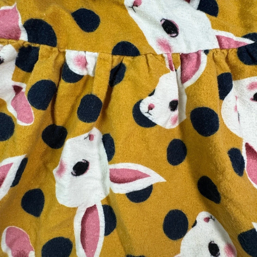 Kids Mustard Yellow Polka Dot Bunny Print Peter Pan Collar Fleece Lined Dress